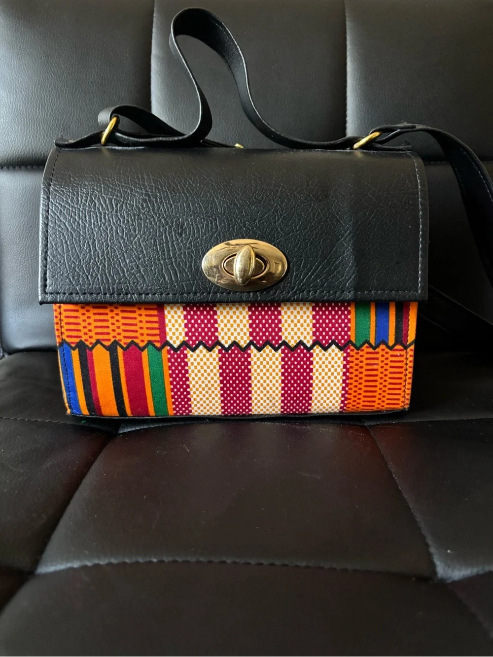 Black Leather Top-Handle Crossbody Bag with kente Pattern